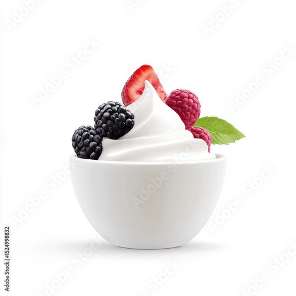 Obraz Creamy yogurt topped with fresh berries and mint leaves on white background.