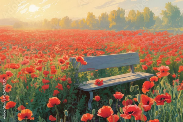 Fototapeta Serene Poppy Field at Sunset with Rustic Bench Inviting Reflection in Warm Golden Hues
