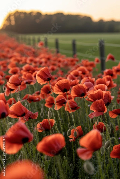 Fototapeta Vibrant Field of Red Poppies at Golden Hour Surrounded by Lush Green Landscape