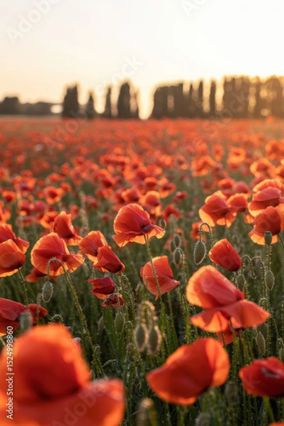 Fototapeta Beautiful Sunset Over a Vibrant Field of Poppies in Fiery Orange Hues