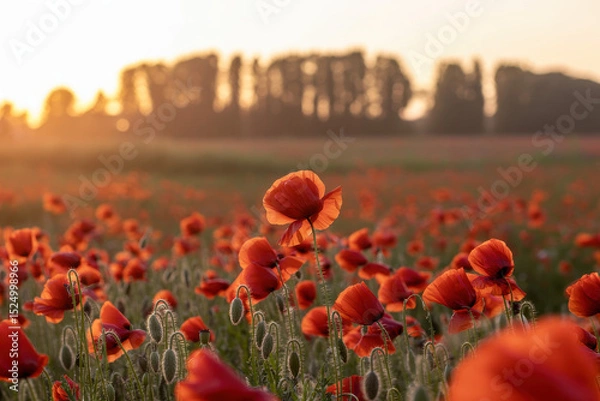 Fototapeta Breathtaking Poppy Field at Sunrise with Warm Golden Light and Vibrant Red Blooms