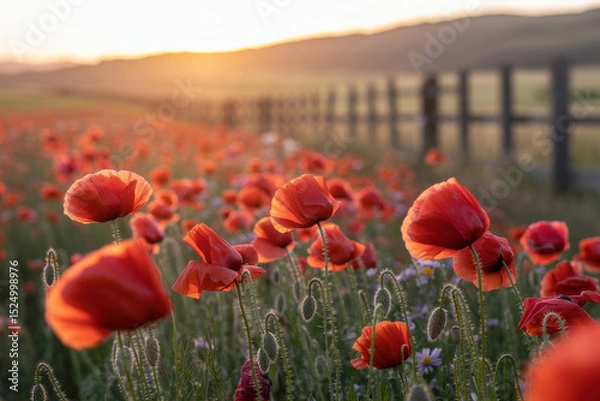 Fototapeta Breathtaking Sunset Over a Field of Vibrant Red Poppies with Gentle Breeze in Soft Golden Light