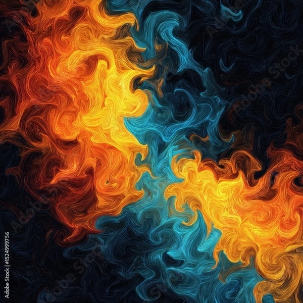 Fototapeta Abstract artwork depicting swirling fiery orange and cool teal hues, creating a dynamic, contrasting visual