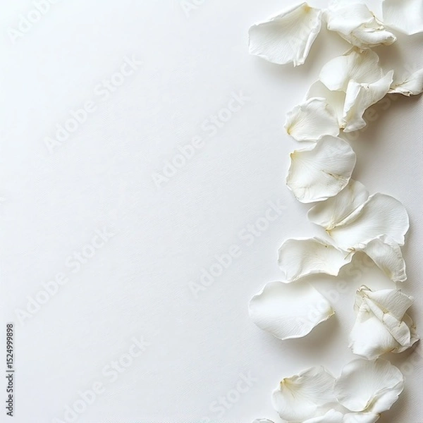 Fototapeta Delicate white rose petals scattered on a white background, creating a minimalist, elegant design