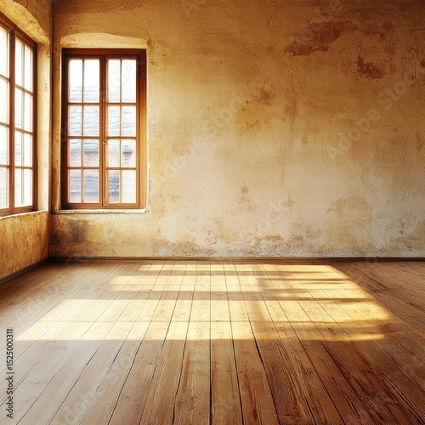 Fototapeta Sunlit empty room with aged walls and wooden floor (6)