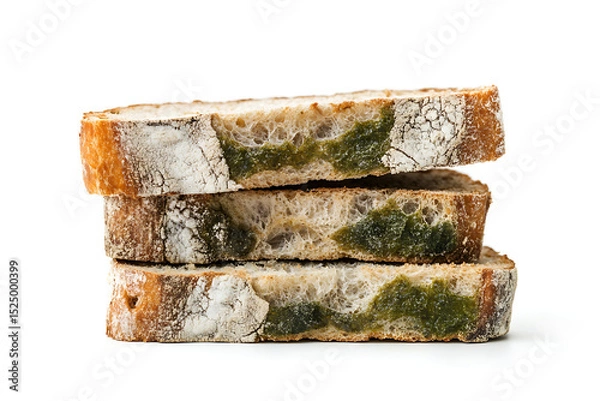 Fototapeta Close-up of Green Moldy Bread Slices on White Background