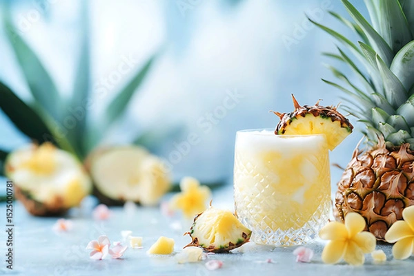 Fototapeta Refreshing Pina Colada Cocktail with Pineapple Garnish on White Background
