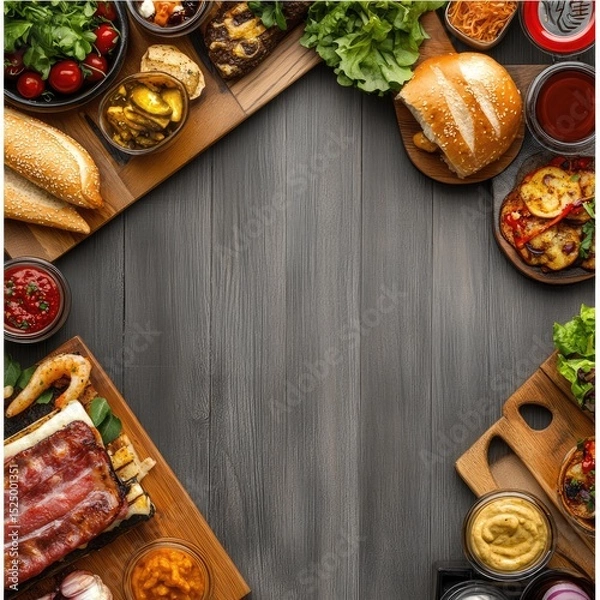 Fototapeta Gourmet food arrangement on dark wood.  A frame of various dishes, breads, and sauces surrounds a central empty space