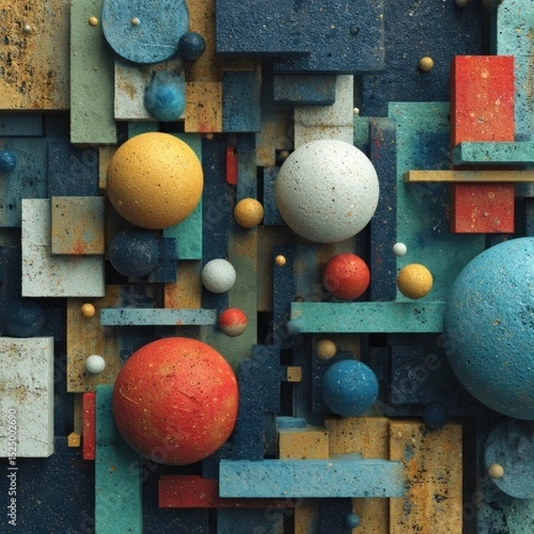 Fototapeta Abstract composition of textured spheres and geometric blocks in muted color palette