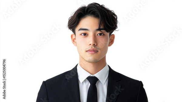 Obraz Young Japanese man in formal suit with deep brown eyes, looking confident and professional, on white background.
