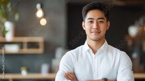 Obraz confident young Asian man in white shirt stands with crossed arms in modern workspace, exuding professionalism and approachability.