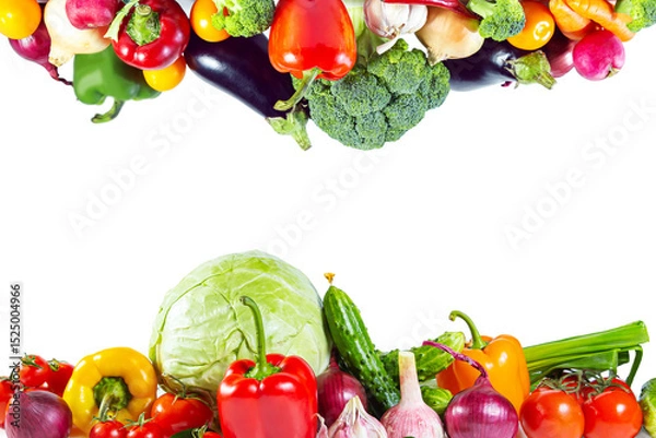 Fototapeta Border of fresh shiny colorful vegetables top and bottom.