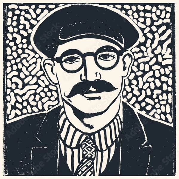 Fototapeta Portrait of a man with a mustache, round glasses, and beret. Vintage linocut style vector art. Retro artistic or intellectual character.