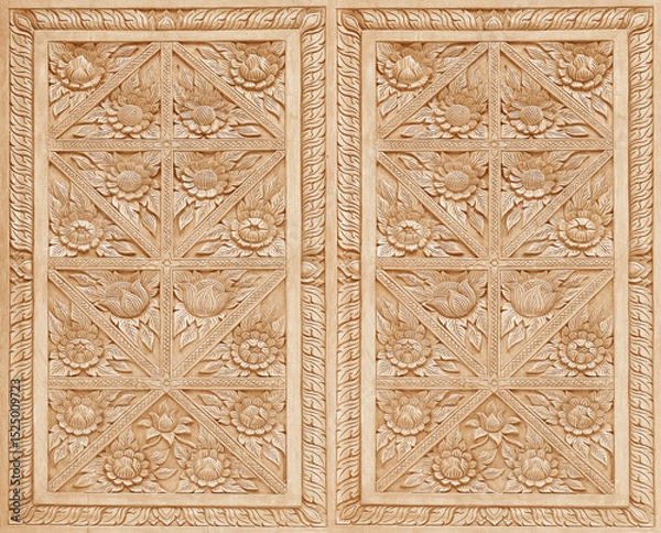 Fototapeta Pattern of flower carved on wood background