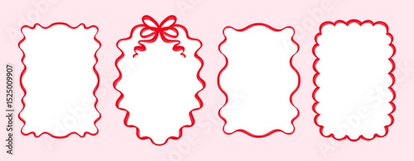 Fototapeta Hand-Drawn Vintage Whimsical Borders with Ribbons and Bows. Curly Frame Set for Coquette Cute Design
