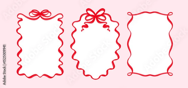 Fototapeta Hand-Drawn Vintage Whimsical Borders with Ribbons and Bows. Curly Frame Set for Coquette Cute Design