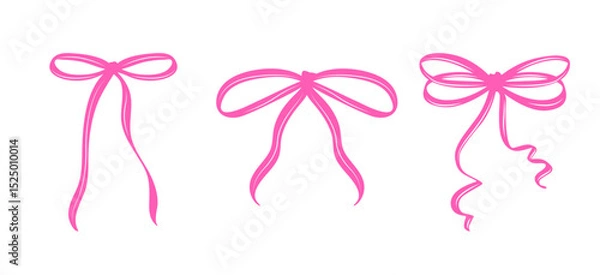 Fototapeta Set of Pink Coquette Bows in Different Styles. A Charming Collection of Feminine Hand-Drawn Ribbons with Playful Curves