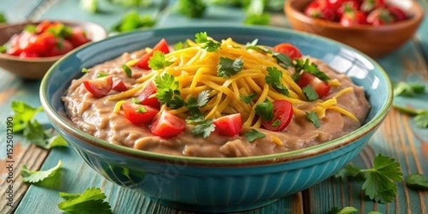 Fototapeta Creamy refried beans with various toppings such as shredded cheese