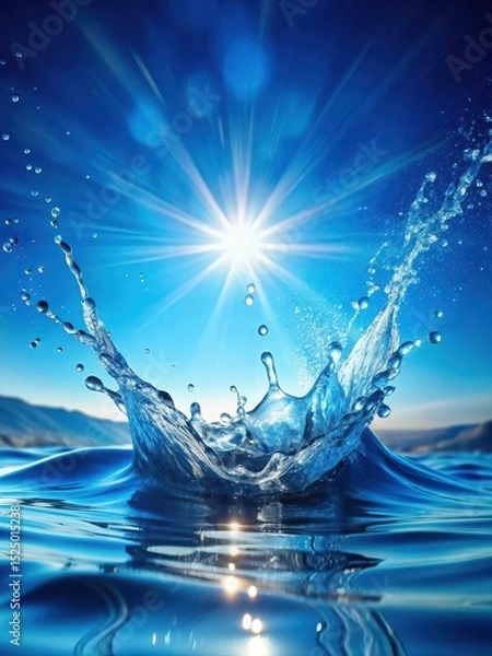 Fototapeta Water splash creating waves and droplets in a bright blue background with sunlight filtering through
