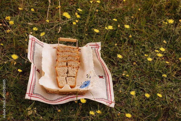 Fototapeta freshly baked bread in a basket on a napkin on the grass, taken on a summer day