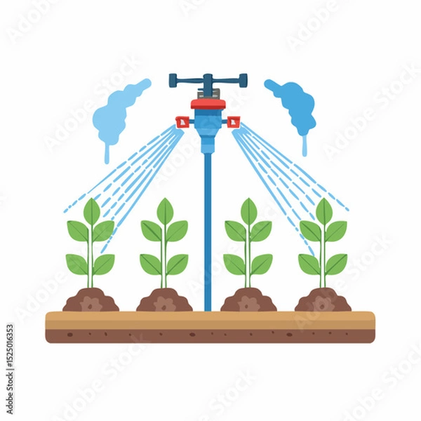Fototapeta Irrigation system for agricultural crop irrigation: A flat illustration of an irrigation system sprays water onto rows of young plants in a field.