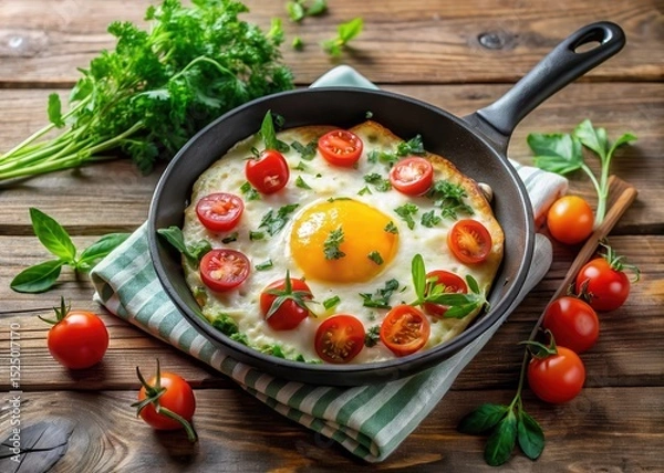 Fototapeta Sunny-side up egg on cast iron skillet frittata with fresh herbs and sliced tomatoes
