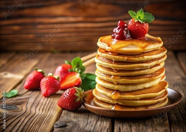 Fototapeta Piles of fluffy pancakes with golden honey drizzle and fresh strawberry slices atop a wooden table