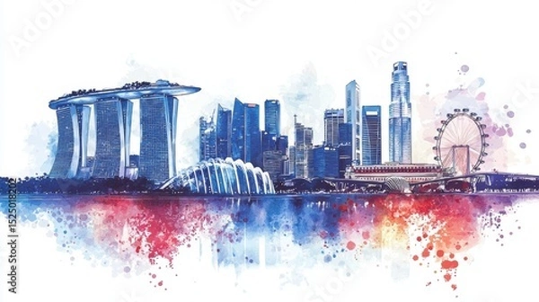 Fototapeta Soft color watercolor illustration celebrating the essence of National Day in Singapore.