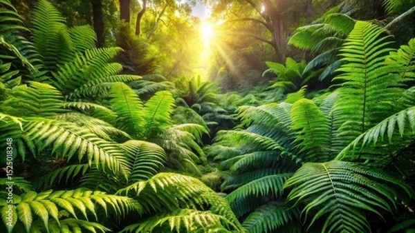 Fototapeta Lush greenery and ferns overgrow in dense thicket under sun-drenched canopy above
