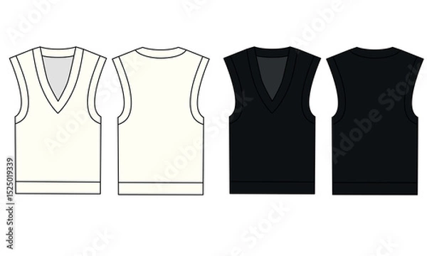 Fototapeta Vector technical pattern of knitted vest, white and black color. Fashion vest template, front and back view. Outline template of summer knitted sleeveless vest.