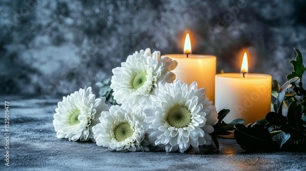 Fototapeta Peaceful arrangement illustrating condolence themes through light and floral symbolism.