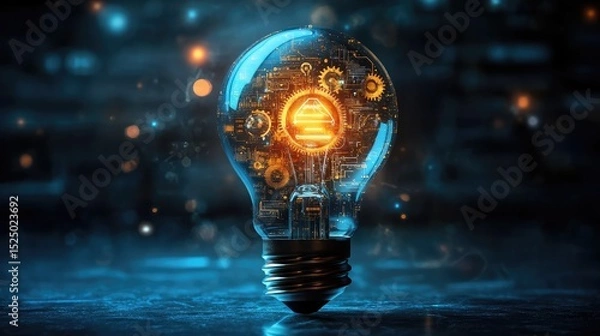 Fototapeta Glowing light bulb with digital gears and circuitry inside, isolated on transparent background