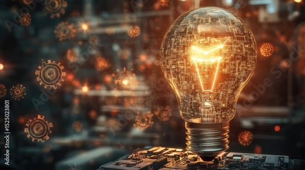 Fototapeta High-resolution light bulb image featuring circuit logic paths and cog mechanisms