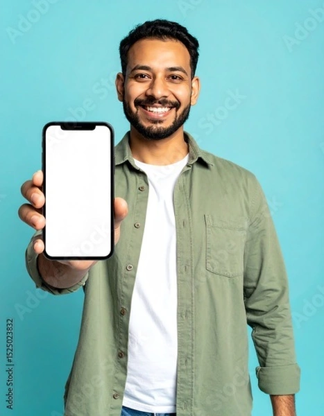 Fototapeta Happy Man Showing Blank Smartphone Screen, Mockup for App Presentation.  Smiling Indian Guy in Green Shirt Holding Mobile Phone with Empty Display. Perfect for Advertising and Mobile App Promotion.