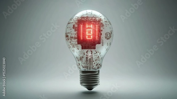 Fototapeta High-tech LED bulb fused with circuit lines and mechanical gears on white surface