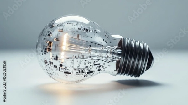 Fototapeta High-tech LED bulb fused with circuit lines and mechanical gears on white surface