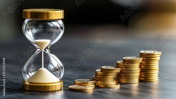 Fototapeta Hourglass angled on left with coins grouped right, board lines drawn for six spaced text zones