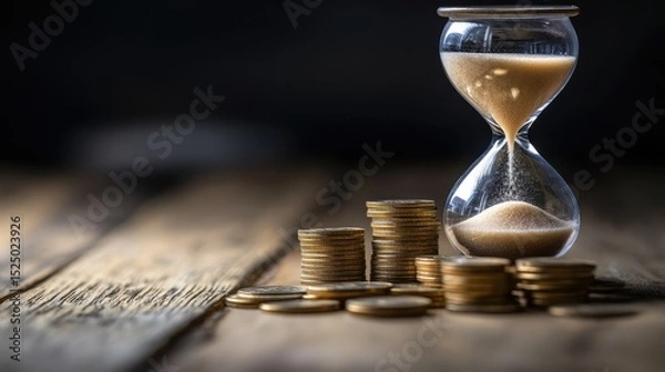 Fototapeta Hourglass dripping sand with rising coin stacks beside it, board space arranged with six copy areas