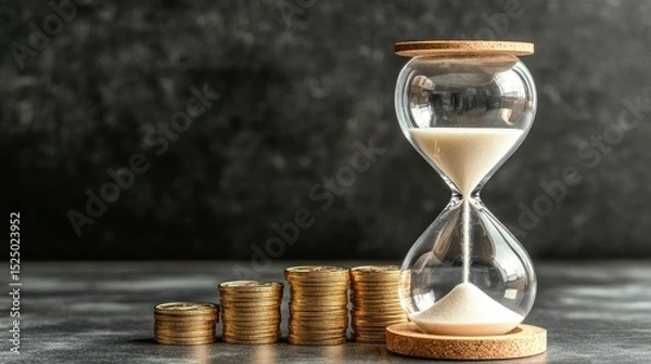 Fototapeta Hourglass tilting over board with gold coins nearby, six distinct areas around left blank