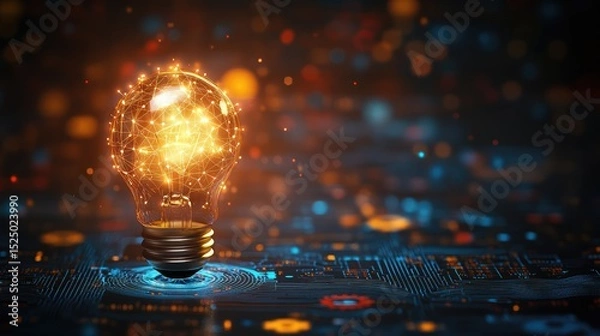 Fototapeta Illuminated smart bulb with embedded cogwheels and digital network patterns, isolated view