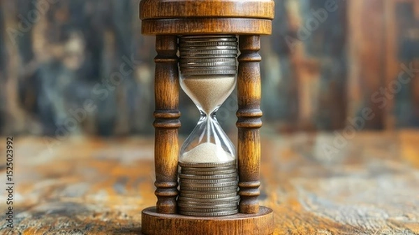 Fototapeta Hourglass with partial sand fall and coin stack aligned parallel, board cleanly cut into six parts