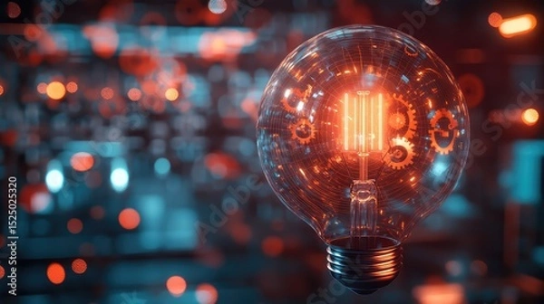 Fototapeta Transparent light bulb hovering with gear mesh and circuit light paths inside, isolated view