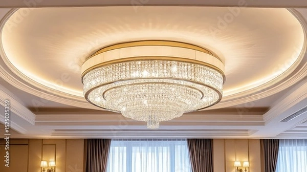 Fototapeta Under-chandelier view showing glittering crystal details against a minimalist recessed ceiling