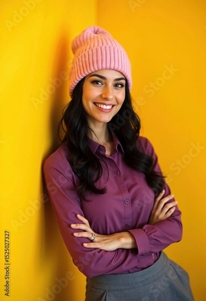 Obraz Charming creative woman with beanie, yellow background