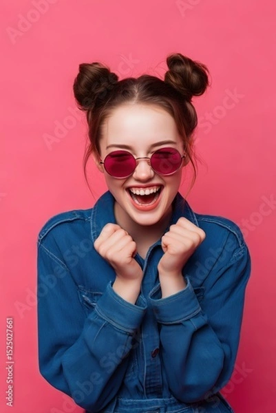 Obraz Playful woman with space buns and sunglasses,  smiling