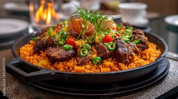 Obraz A sizzling plate of Jollof rice, with vibrant colors and rich spices, showcasing the heart and soul of West African cuisine in an elegant culinary composition.