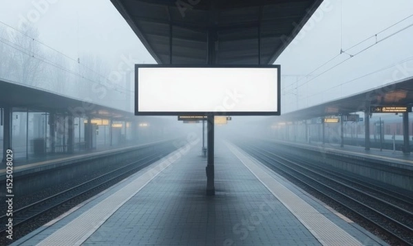 Fototapeta A modern platform presents an empty billboard, shrouded in mist. the train platform is shrouded in an ambient mist. Its design, lines.