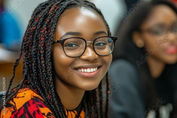 Fototapeta Captivating portrait of a beautiful young woman with a radiant smile and a pair of glasses, radiating intelligence and charm. She is surrounded by the warmth of a social gathering.