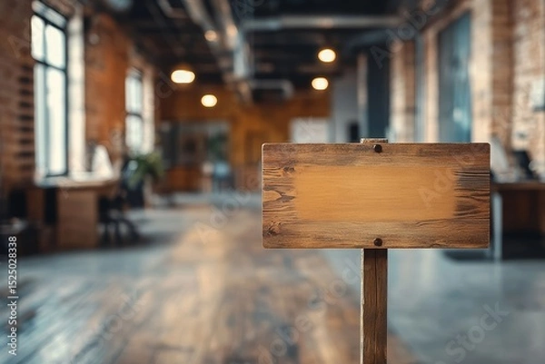 Fototapeta A blank signpost stands prominently in an office space, showcasing a perfect mockup opportunity for your advertisement, the weathered texture of the wood enhancing its rustic allure.