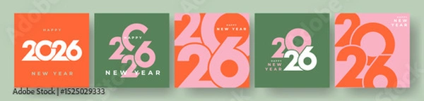 Obraz Set of 2026 Happy New Year logo text design. 2026 number design template. Collection of 2026 Happy New Year card, cover, poster. Vector illustration with labels isolated on colorful background.